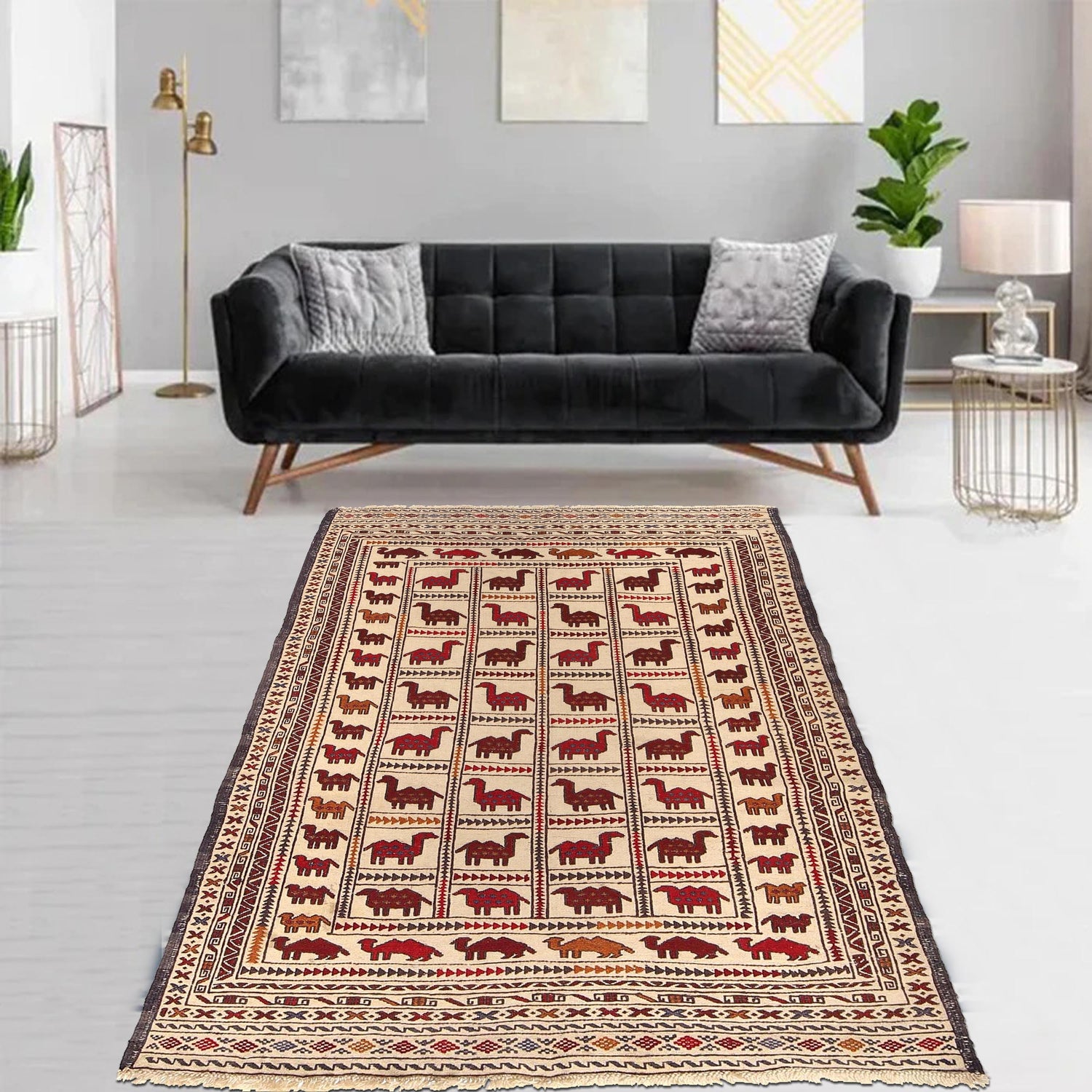 Soumak Kilim Area Rug Handmade White Pictorial 4x6 ft