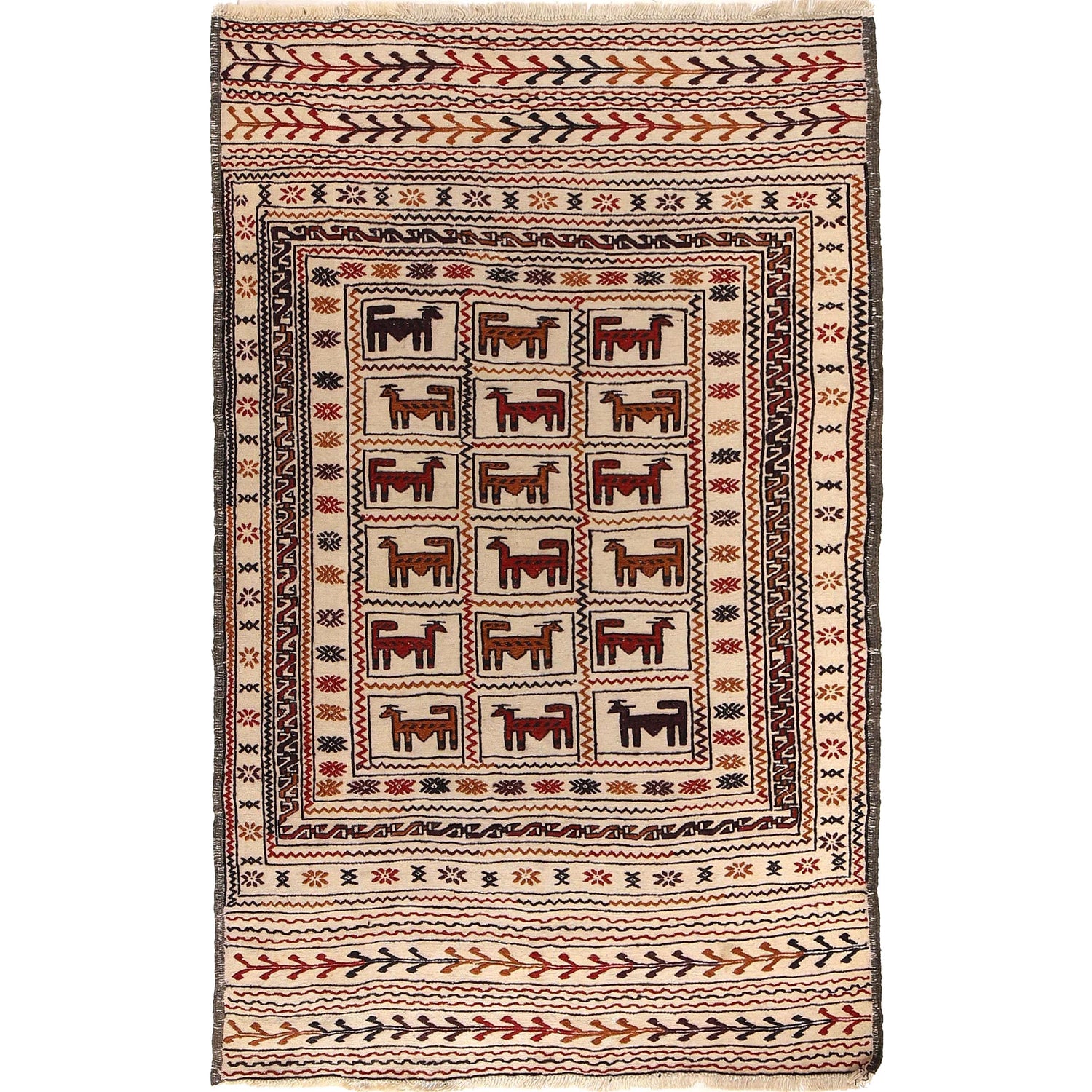 Soumak Kilim Area Rug Handmade White Pictorial 4x6 ft