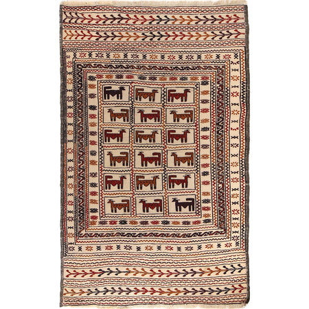 Soumak Kilim Area Rug Handmade White Pictorial 4x6 ft