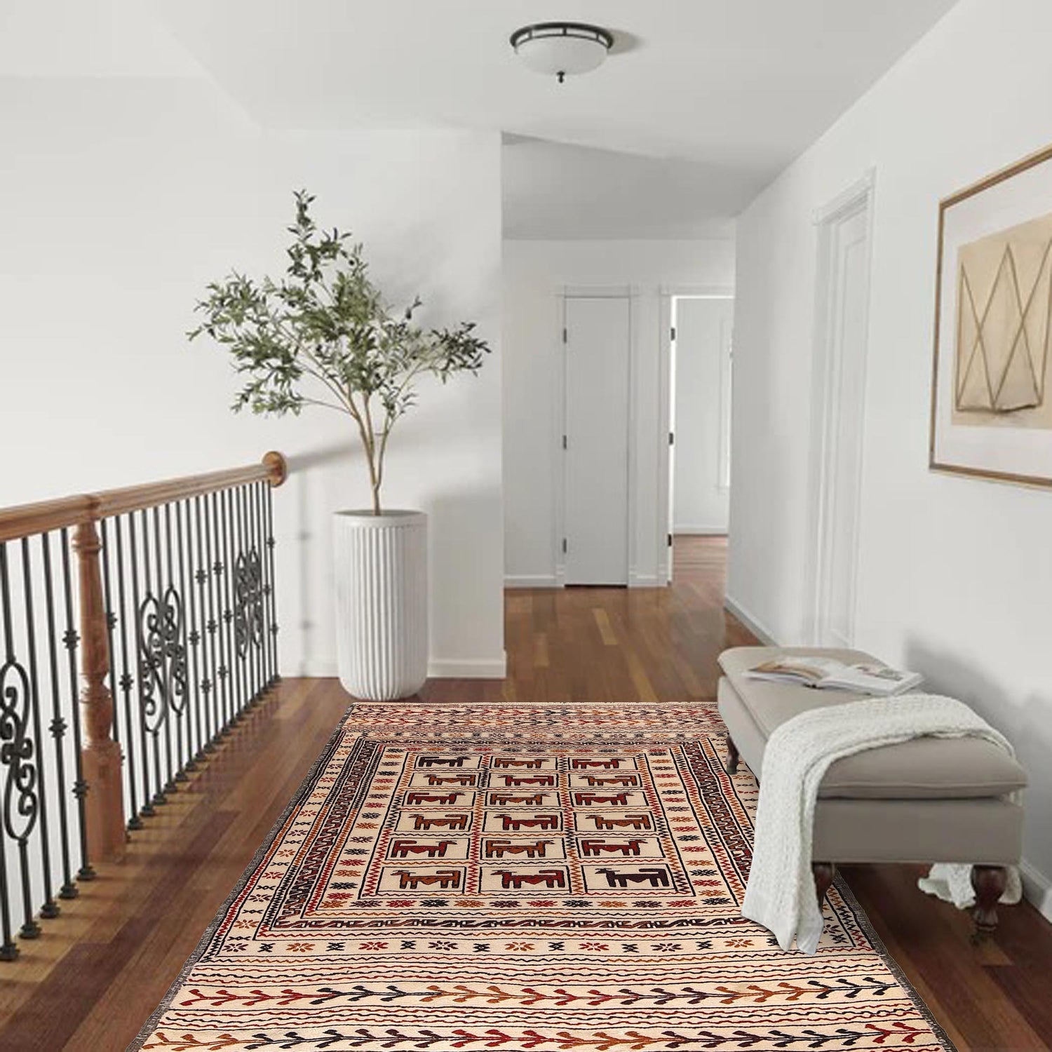 Soumak Kilim Area Rug Handmade White Pictorial 4x6 ft
