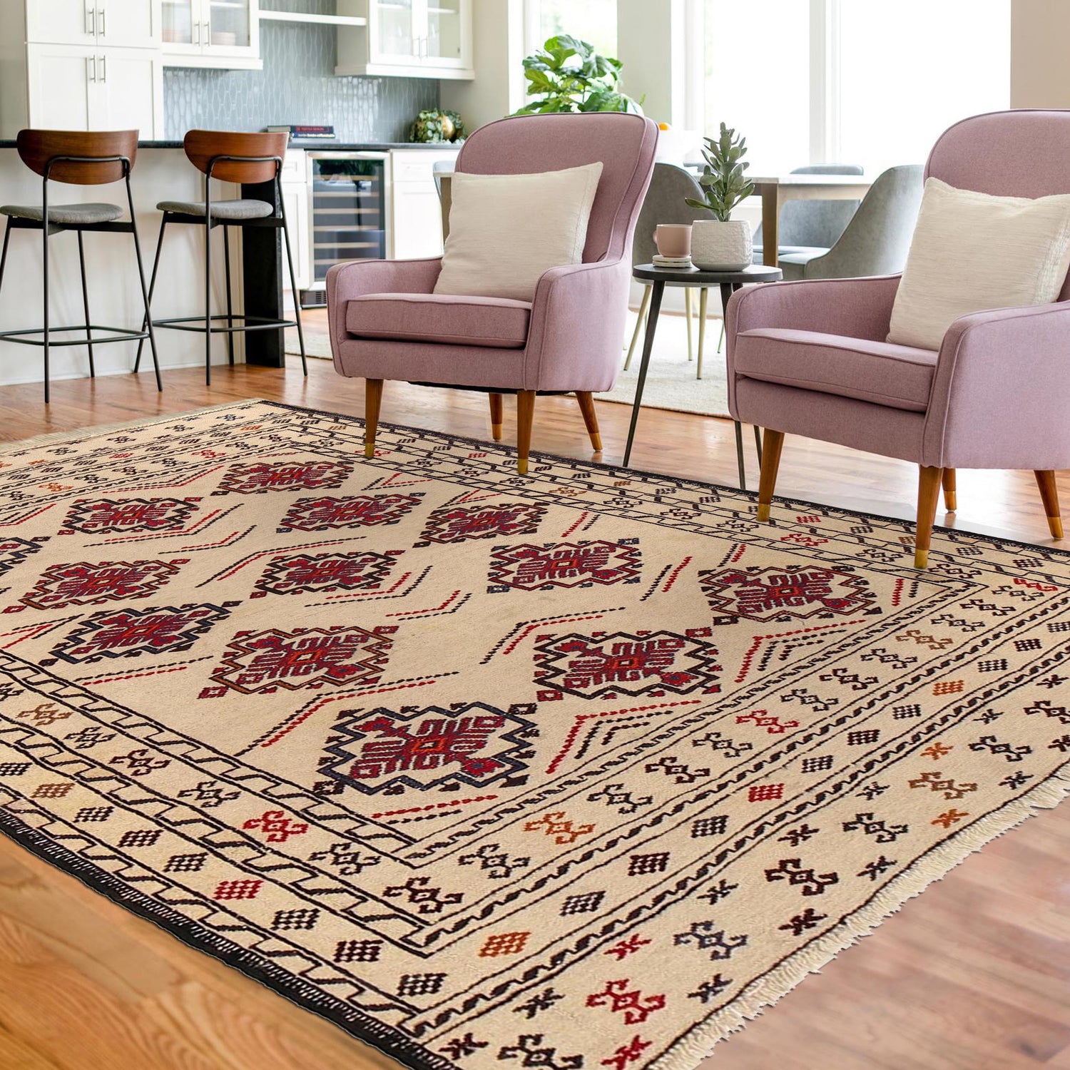 Soumak Kilim Area Rug Handmade White Floral 4x6 ft
