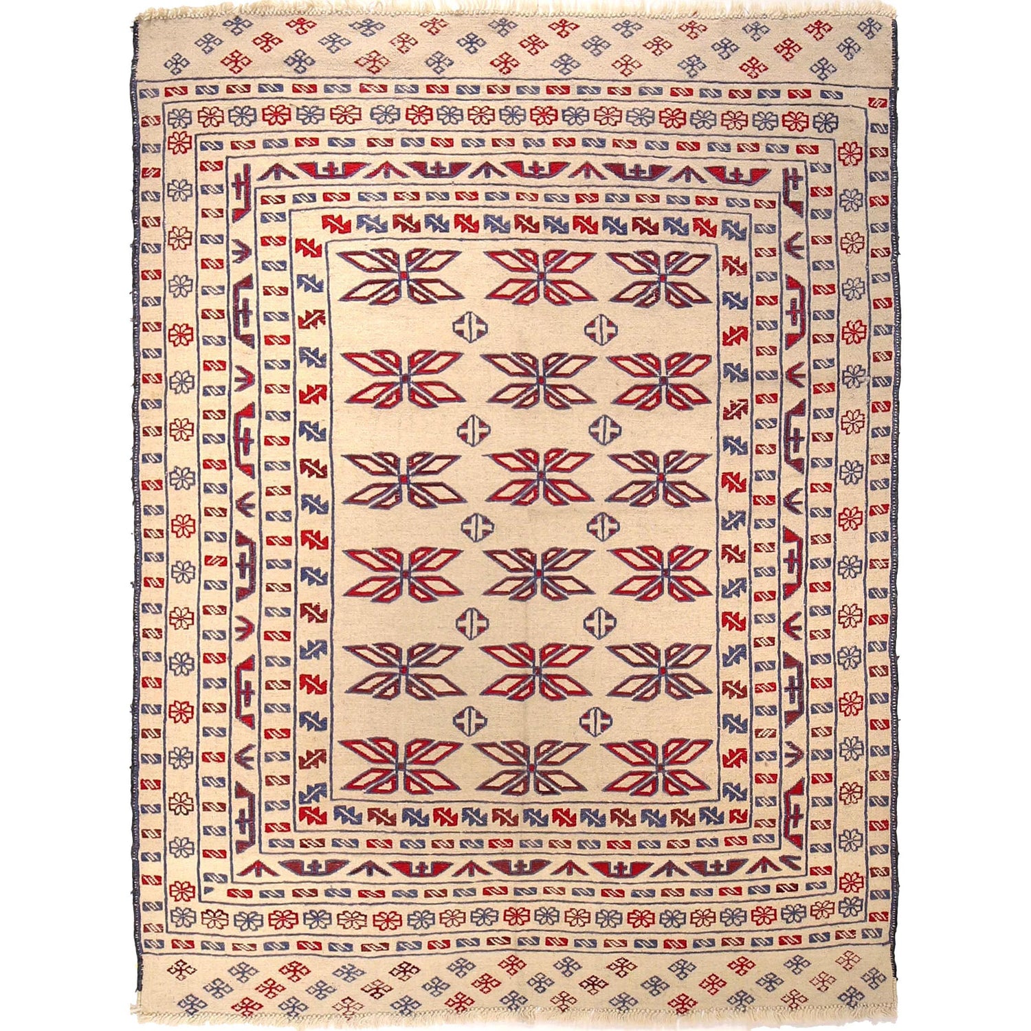 Soumak Kilim Area Rug Handmade White Floral 4x6 ft