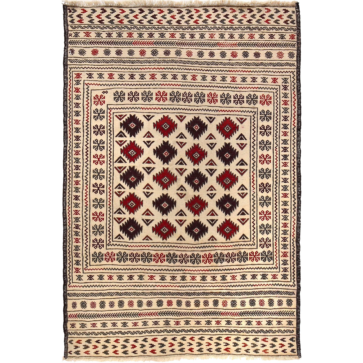 Soumak Kilim Area Rug Handmade White Floral 4x6 ft