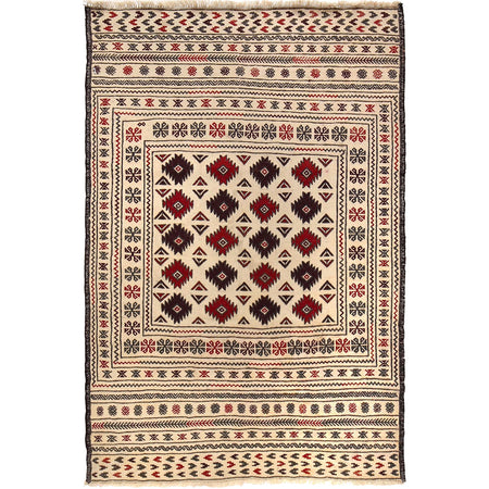 Soumak Kilim Area Rug Handmade White Floral 4x6 ft