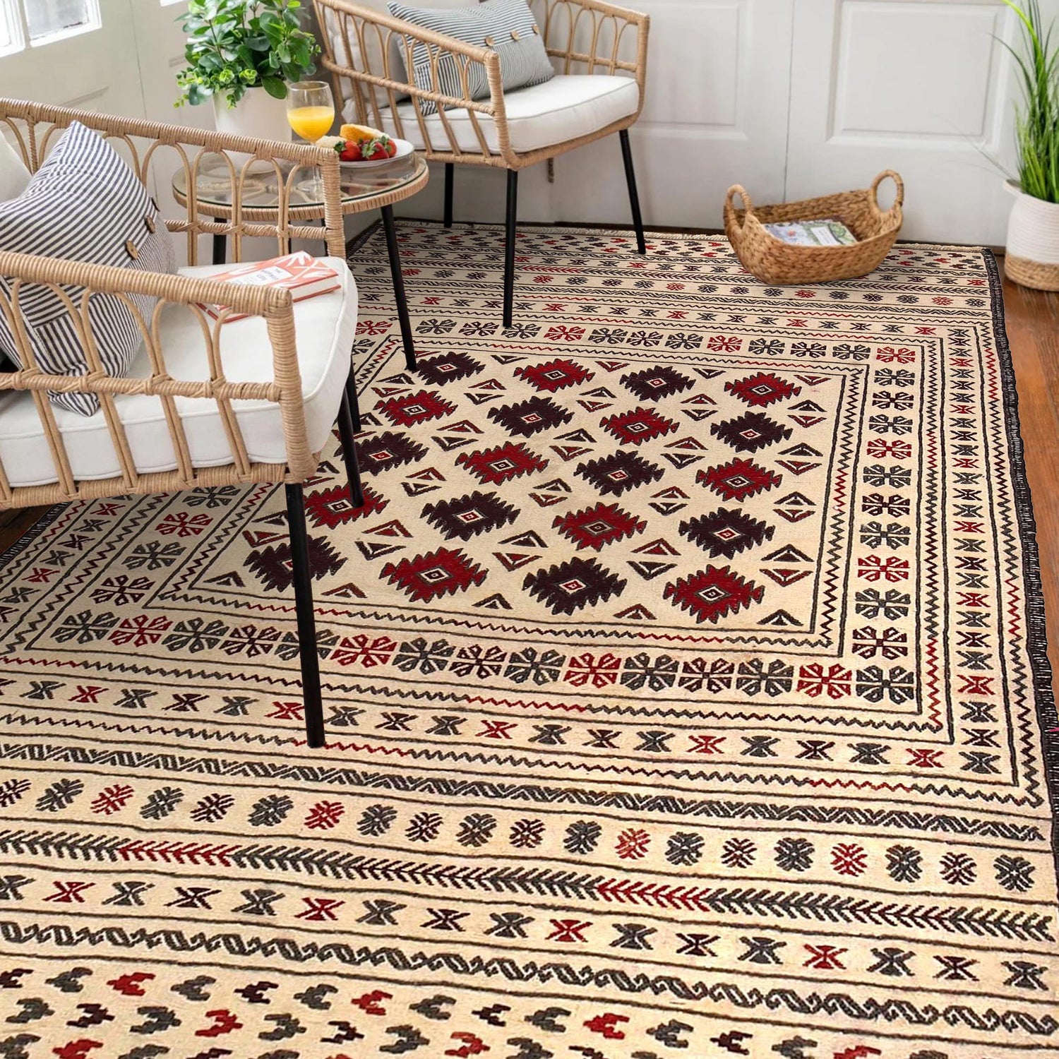 Soumak Kilim Area Rug Handmade White Floral 4x6 ft