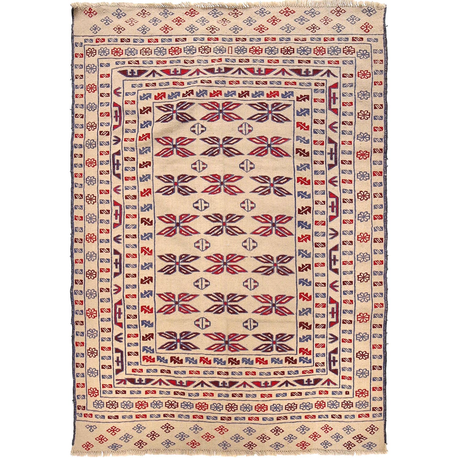 Soumak Kilim Area Rug Handmade White Floral 4x6 ft