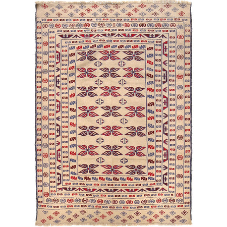 Soumak Kilim Area Rug Handmade White Floral 4x6 ft