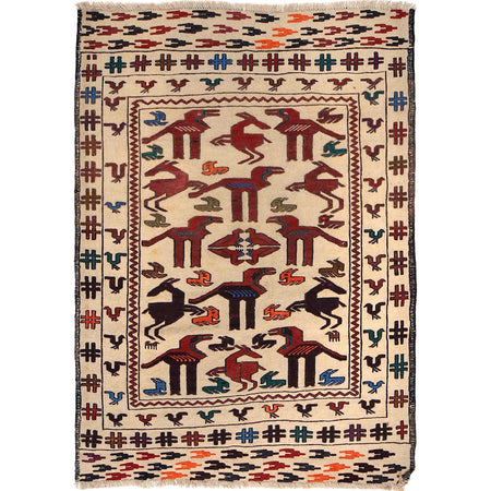Soumak Kilim Area Rug Handmade White Pictorial 4x6 ft
