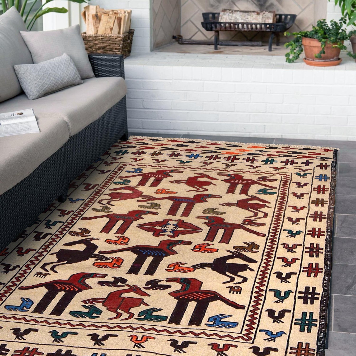Soumak Kilim Area Rug Handmade White Pictorial 4x6 ft