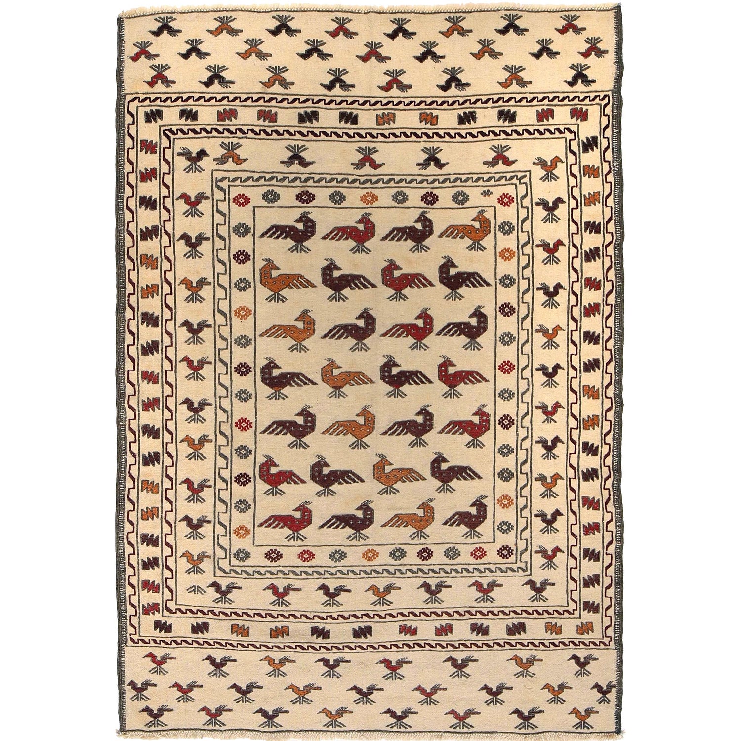 Soumak Kilim Area Rug Handmade White Pictorial 4x6 ft