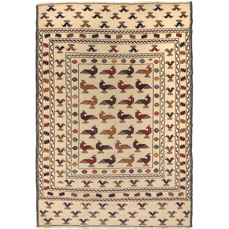 Soumak Kilim Area Rug Handmade White Pictorial 4x6 ft