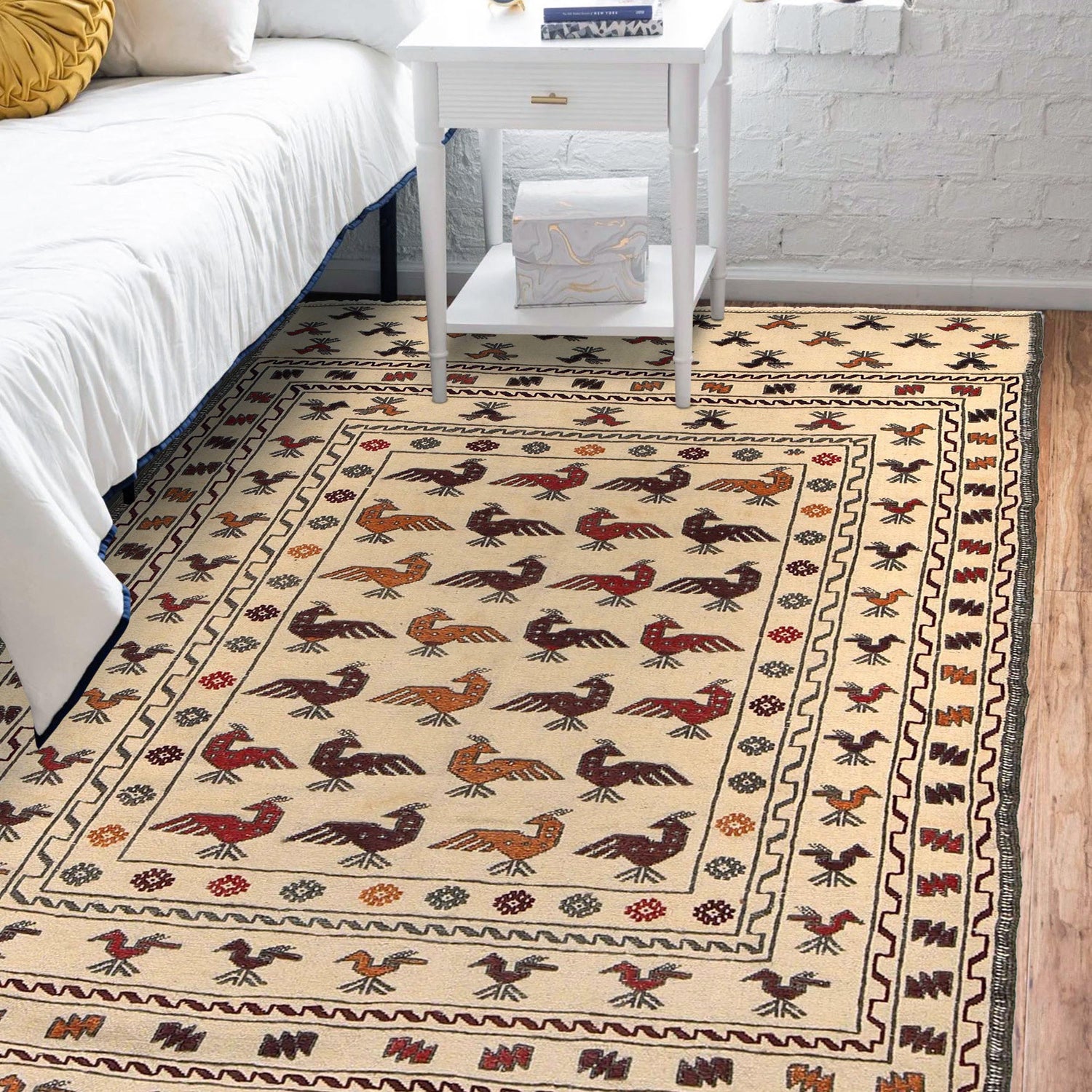 Soumak Kilim Area Rug Handmade White Pictorial 4x6 ft