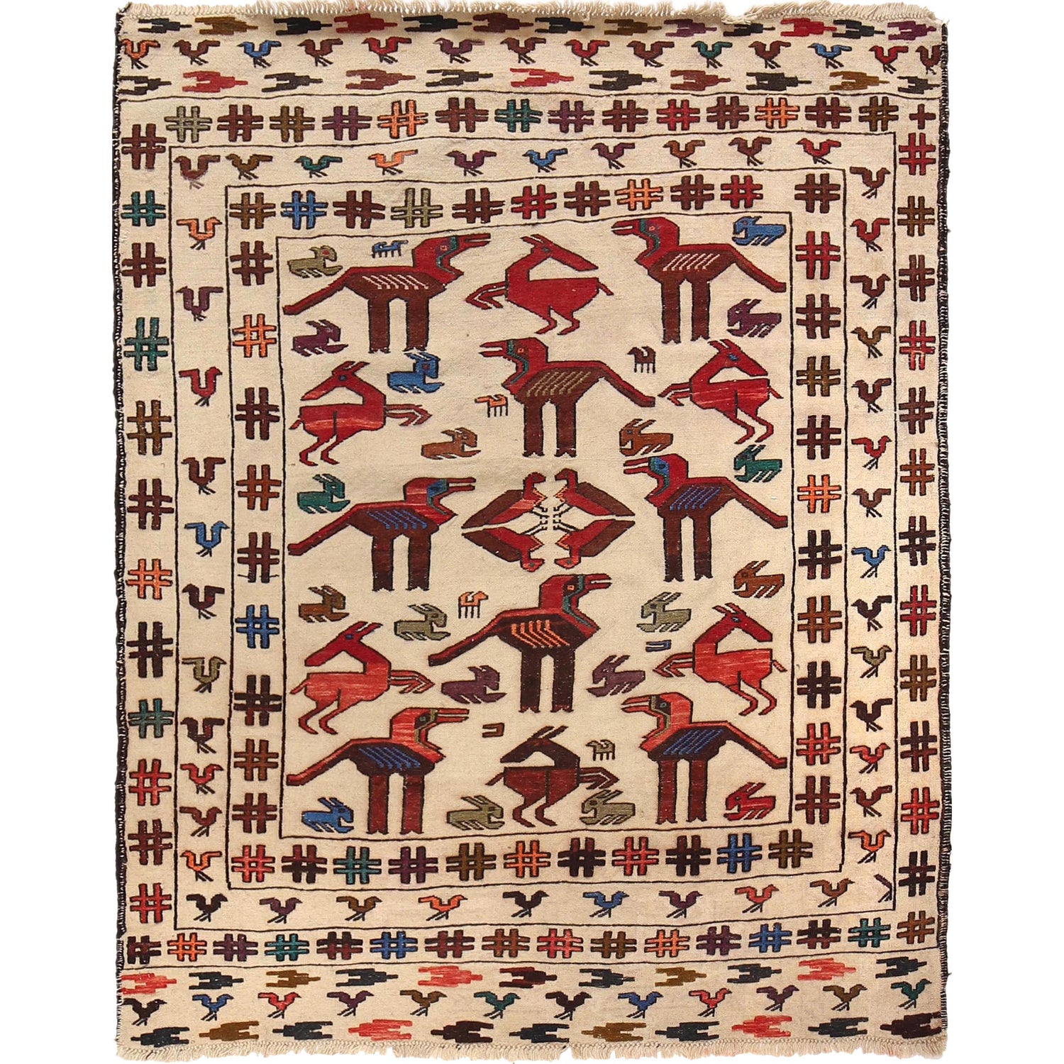 Soumak Kilim Area Rug Handmade White Pictorial 4x6 ft