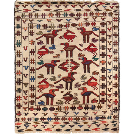 Soumak Kilim Area Rug Handmade White Pictorial 4x6 ft