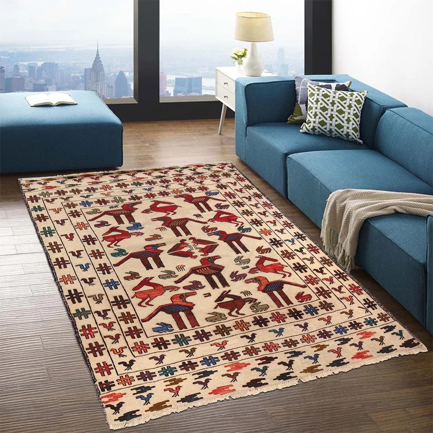 Soumak Kilim Area Rug Handmade White Pictorial 4x6 ft