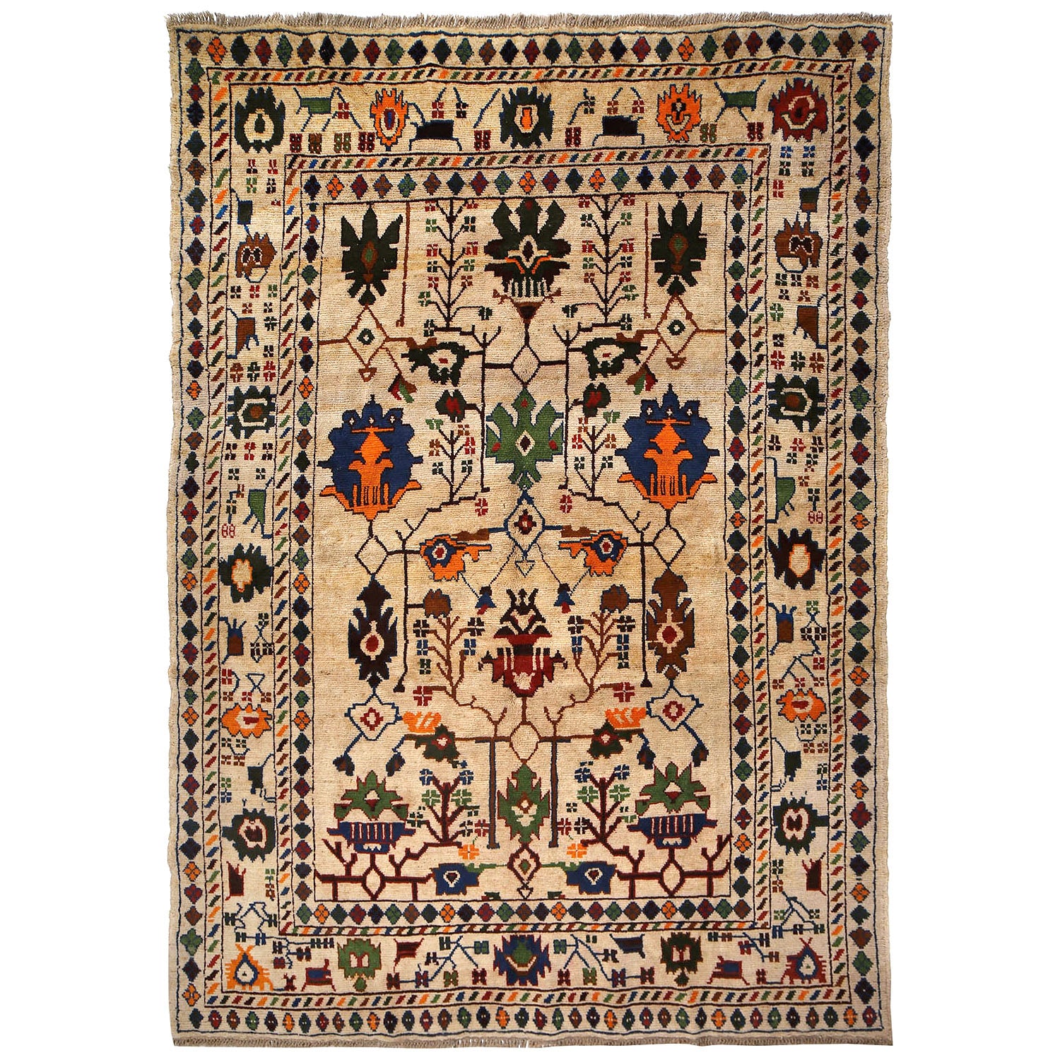 Oushak Area Rug Handmade Beige Floral 7x10 ft