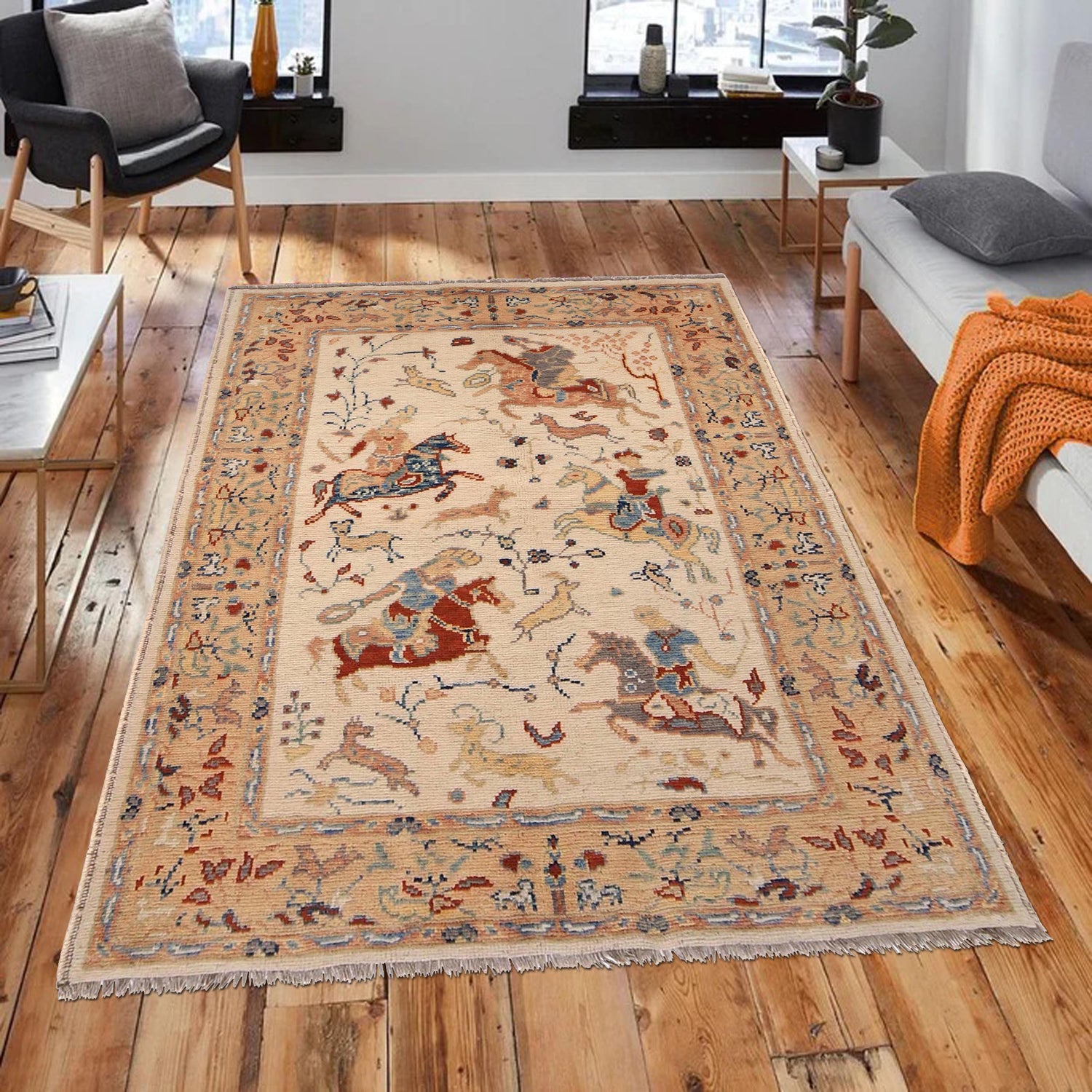 Pictorial Rug Handmade Beige Design