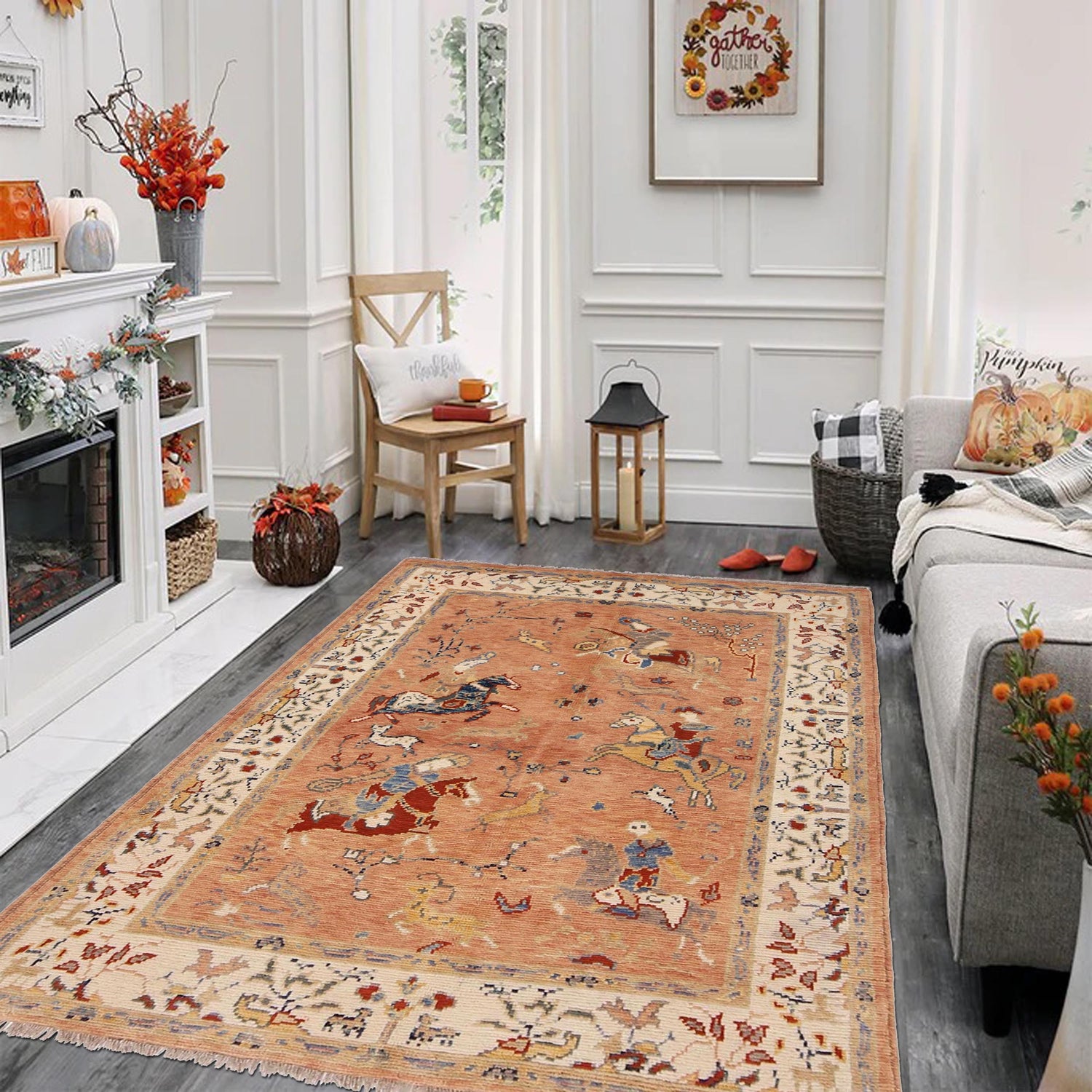 Pictorial Rug Handmade Beige Design