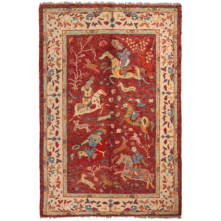 Pictorial Rug Handmade Red Design