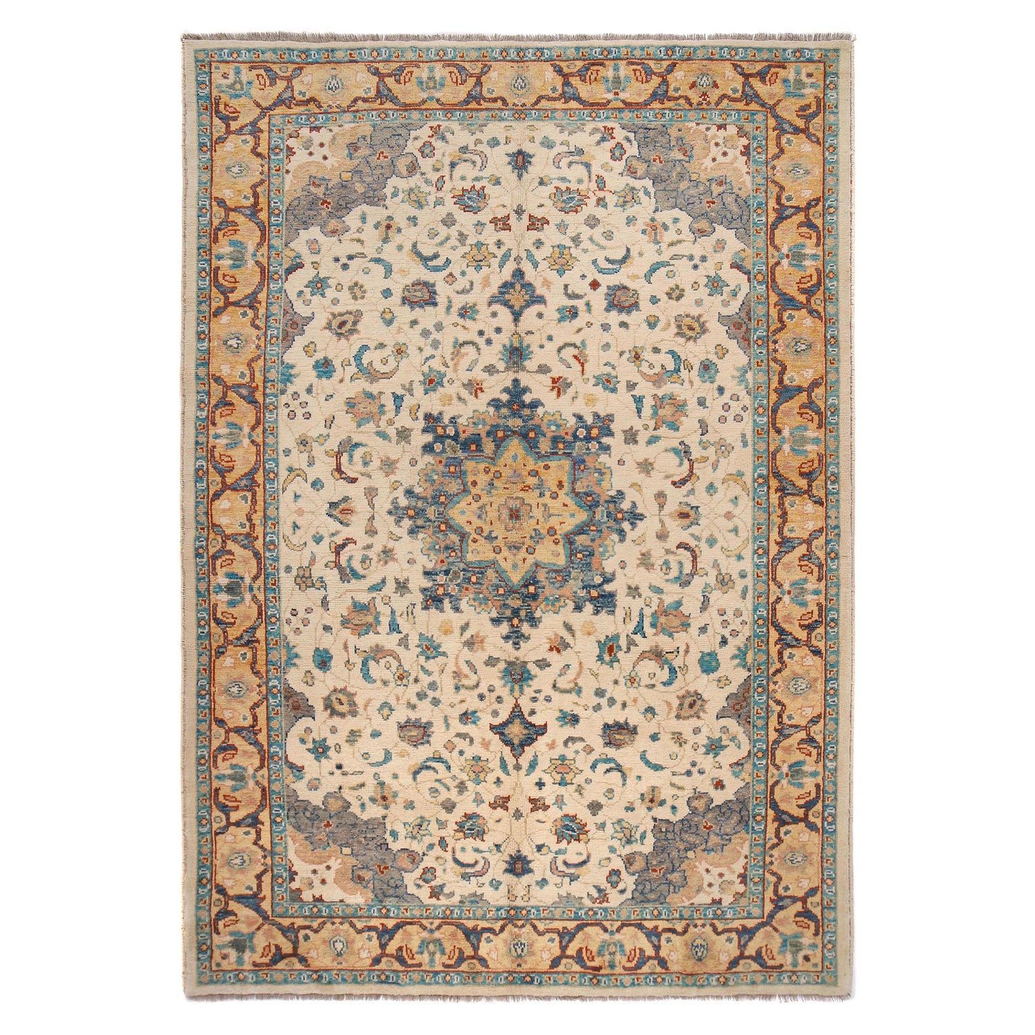 Heriz Area Rug Handmade White Medallion 7x10 ft