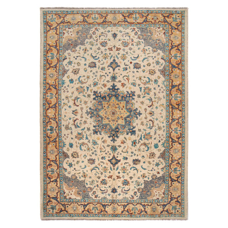 Heriz Area Rug Handmade White Medallion 7x10 ft