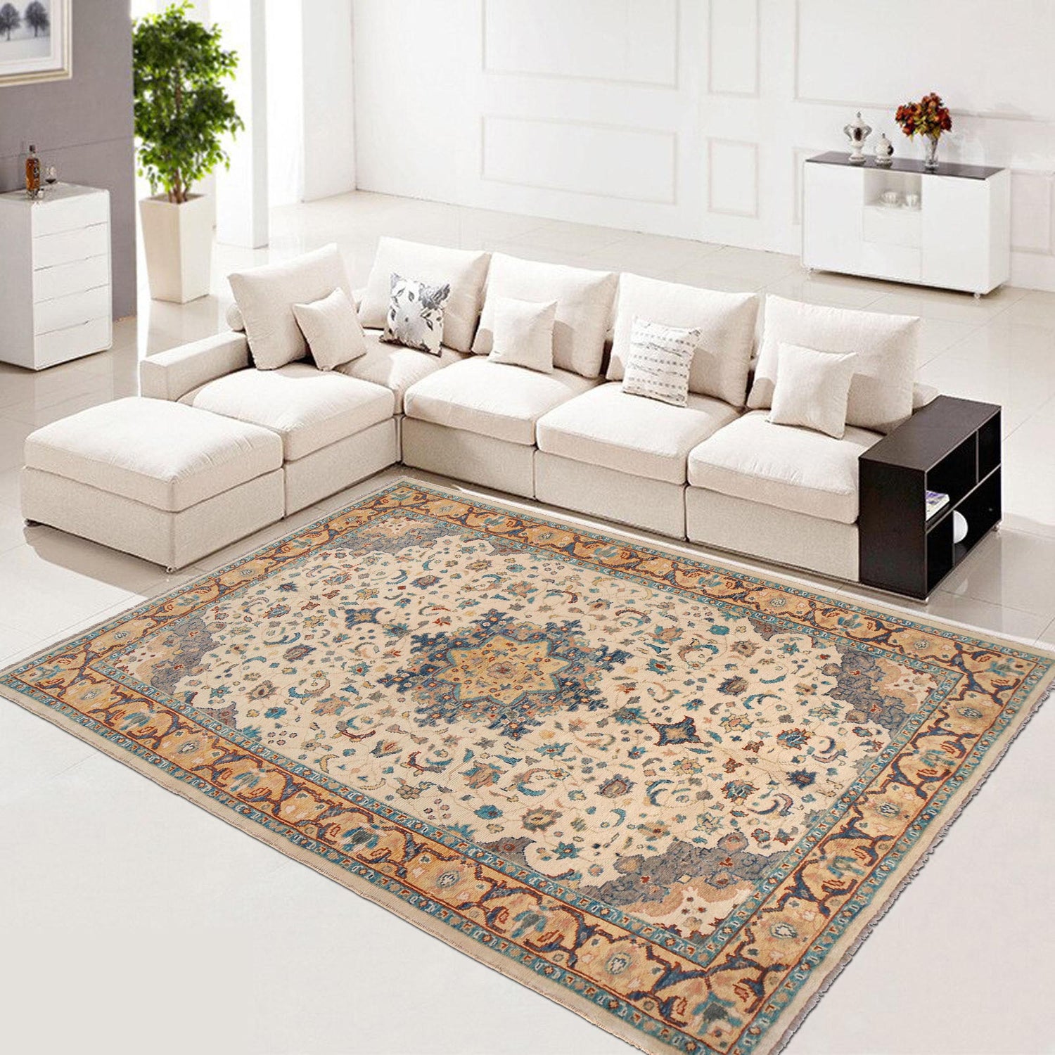 Heriz Area Rug Handmade White Medallion 7x10 ft