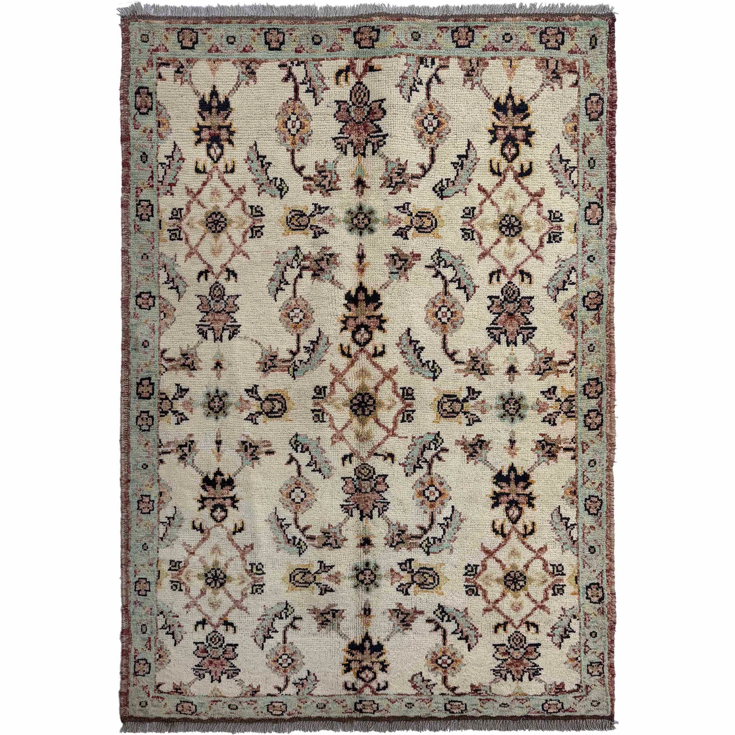 Oushak Area Rug Handmade Beige Floral 4x6 ft