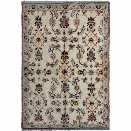 Oushak Area Rug Handmade Beige Floral 4x6 ft