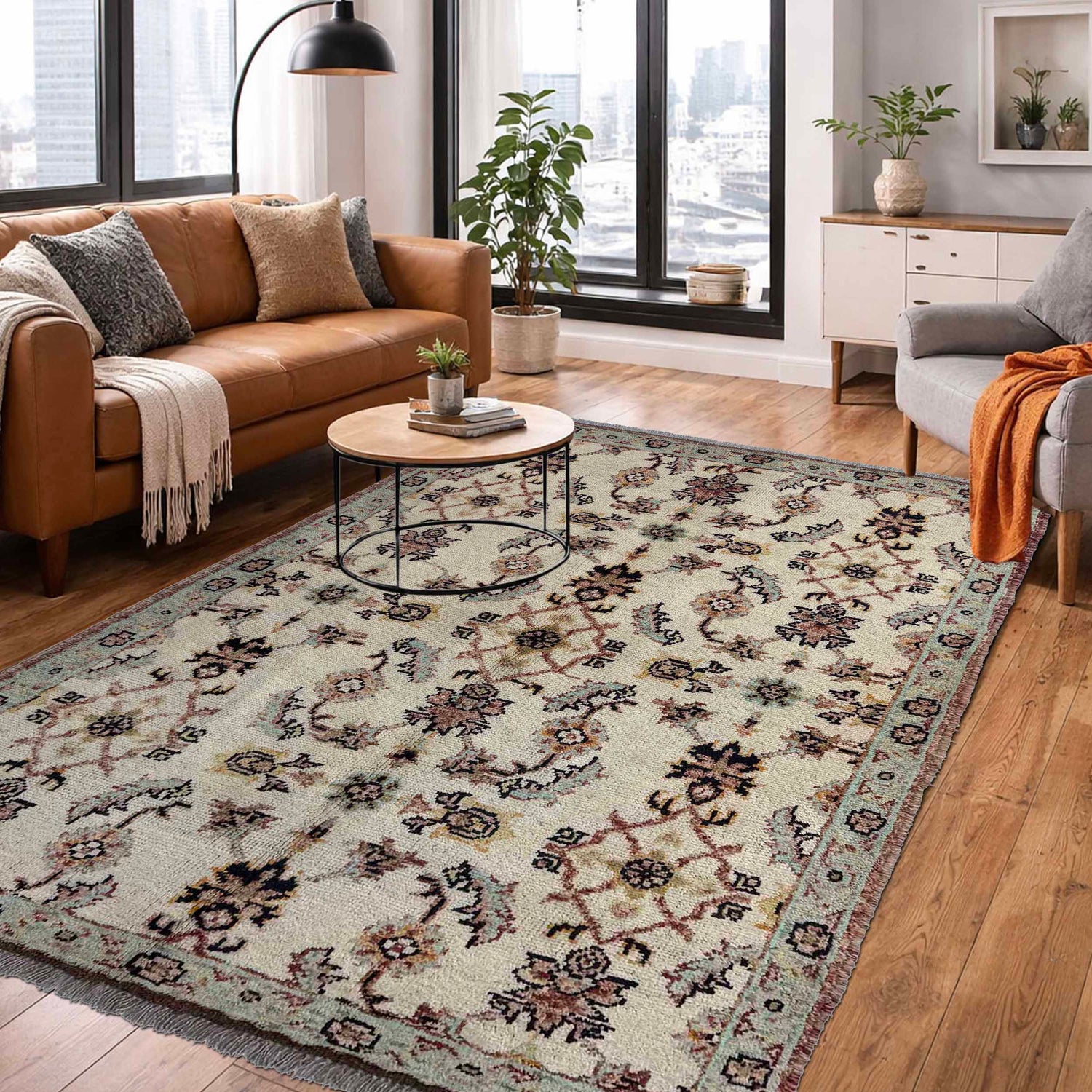 Oushak Area Rug Handmade Beige Floral 4x6 ft