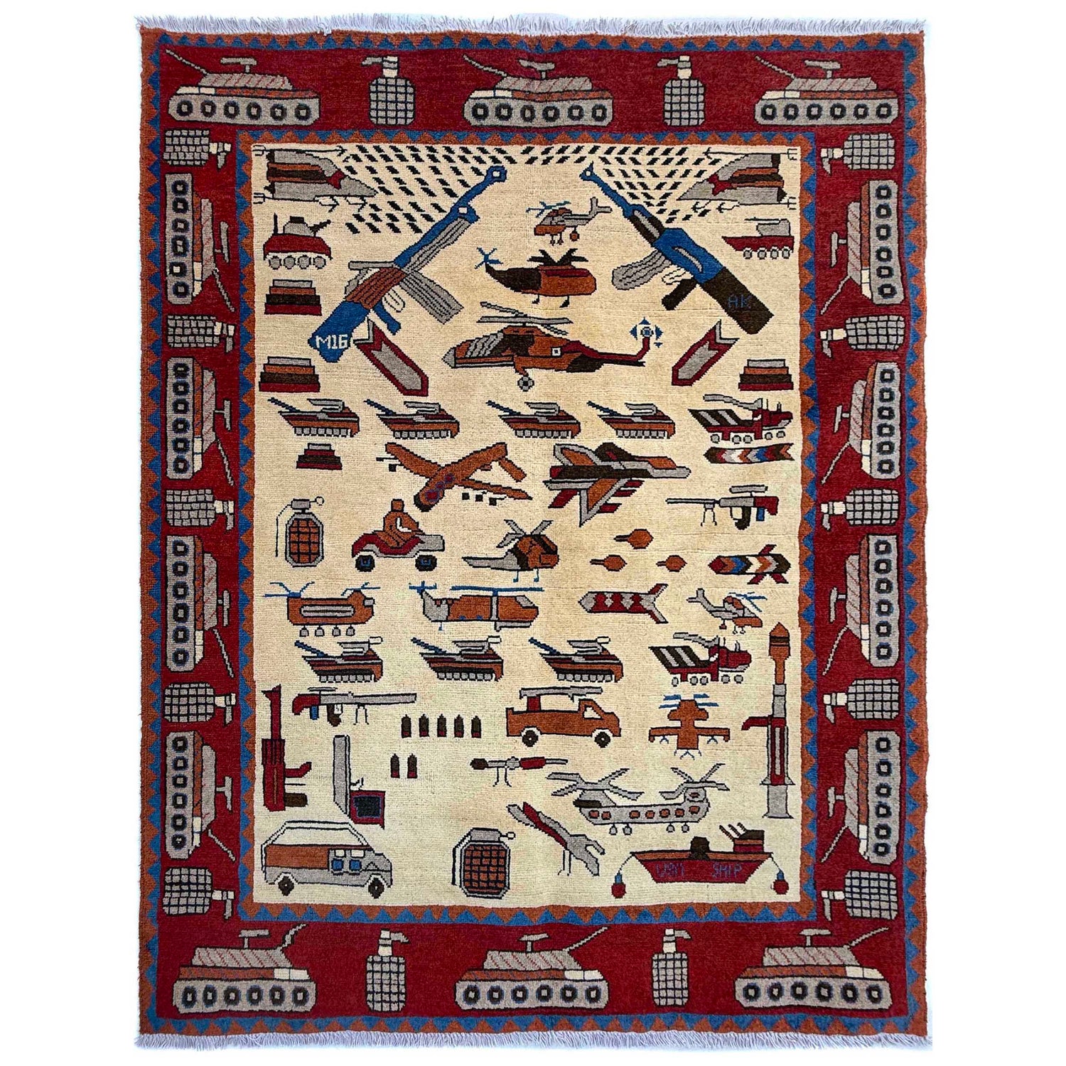 War Area Rug Handmade Beige Tank + Helicopter +Riffle 4x6 ft