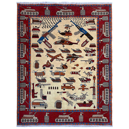 War Area Rug Handmade Beige Tank + Helicopter +Riffle 4x6 ft