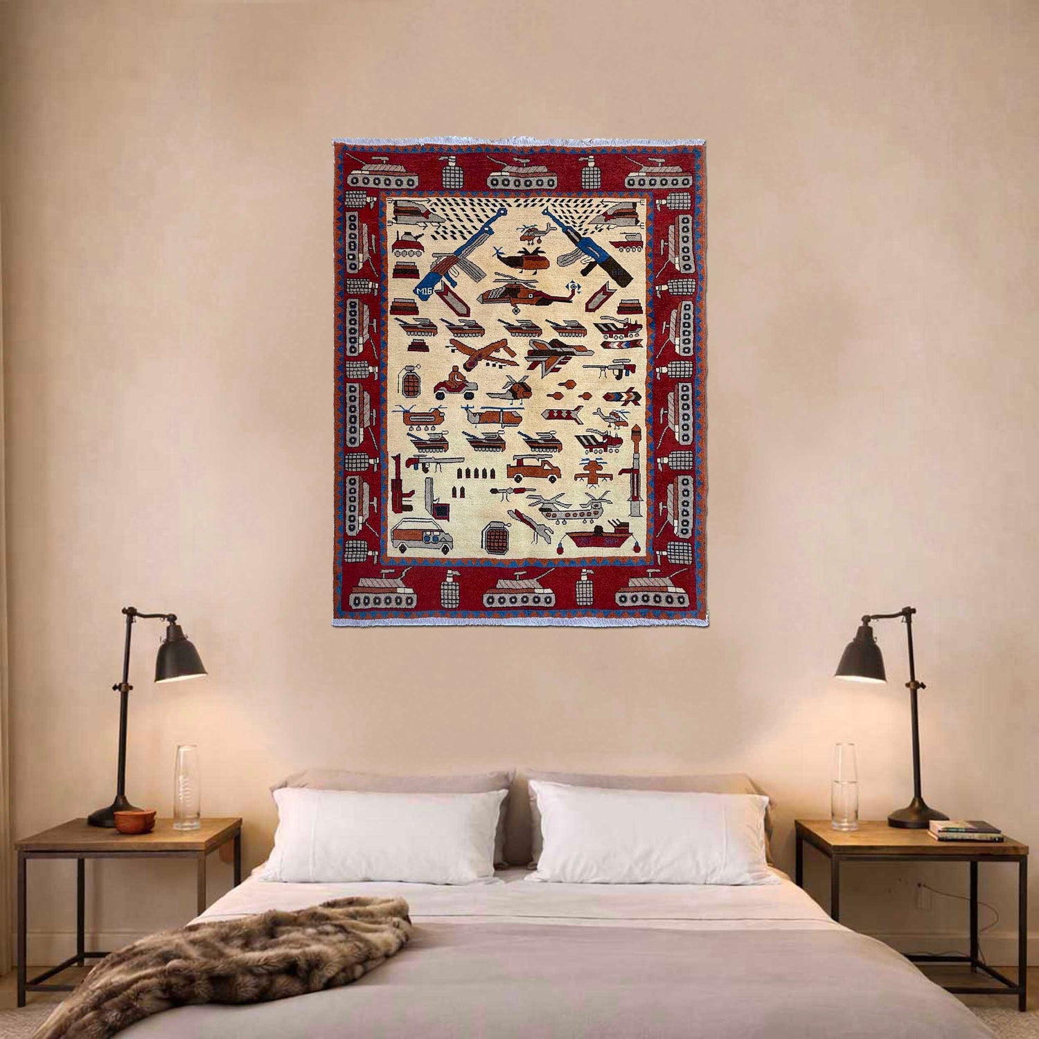 War Area Rug Handmade Beige Tank + Helicopter +Riffle 4x6 ft
