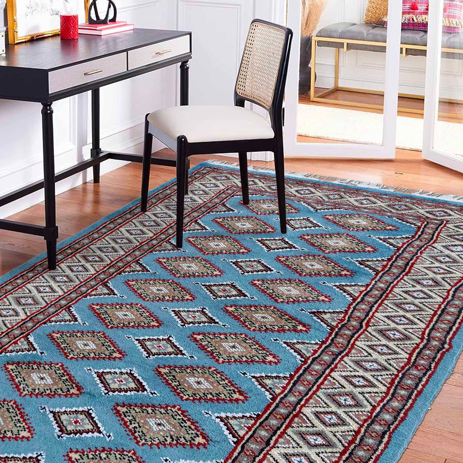 Jaldar Area Rug Handmade Blue Floral 3x5 ft