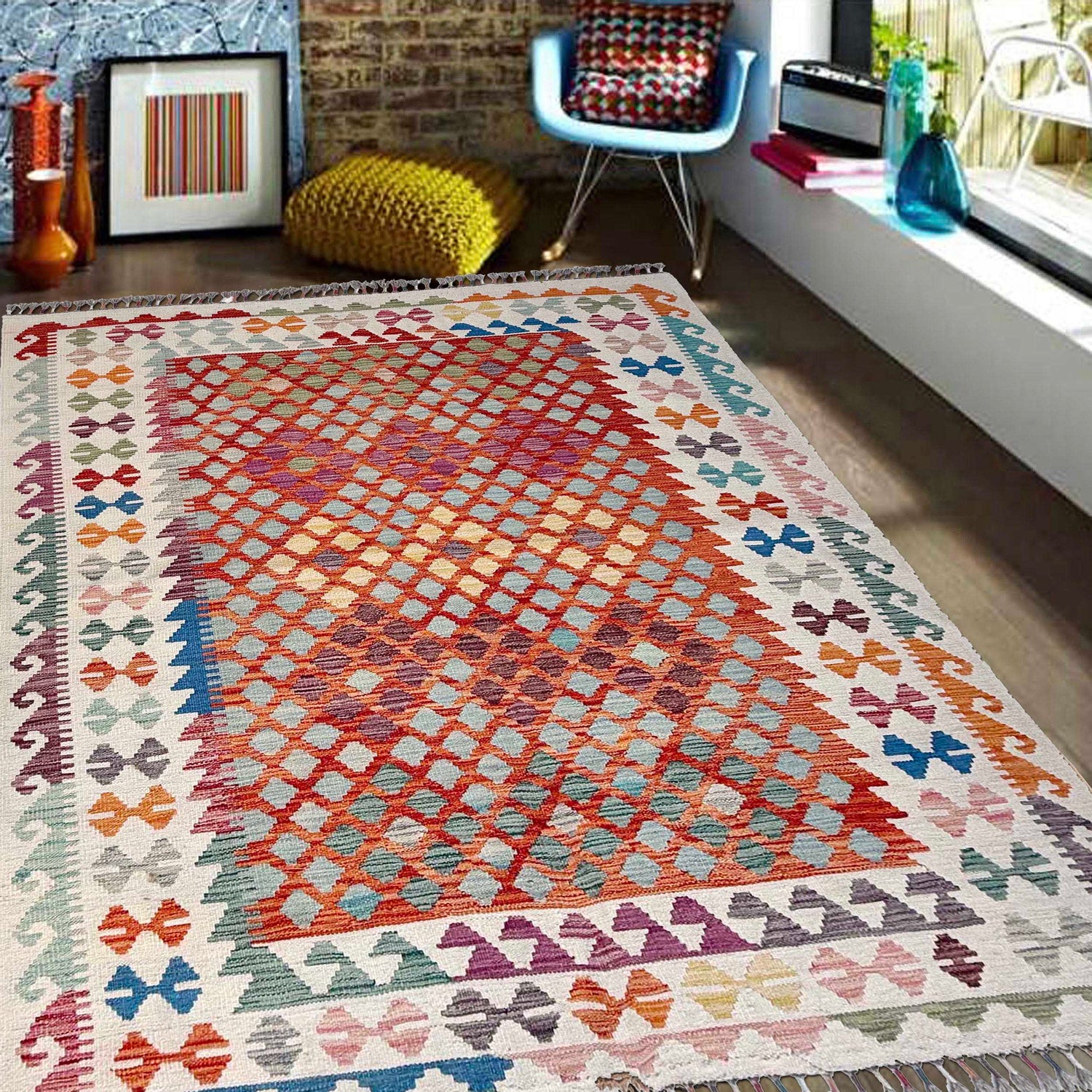 Handmade Multi Kilim Geometric 4x7 ft