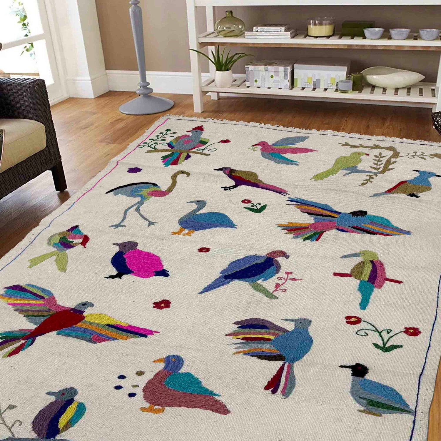 Embroidery Kilim Area Rug Handmade Beige Animal 4x6 ft