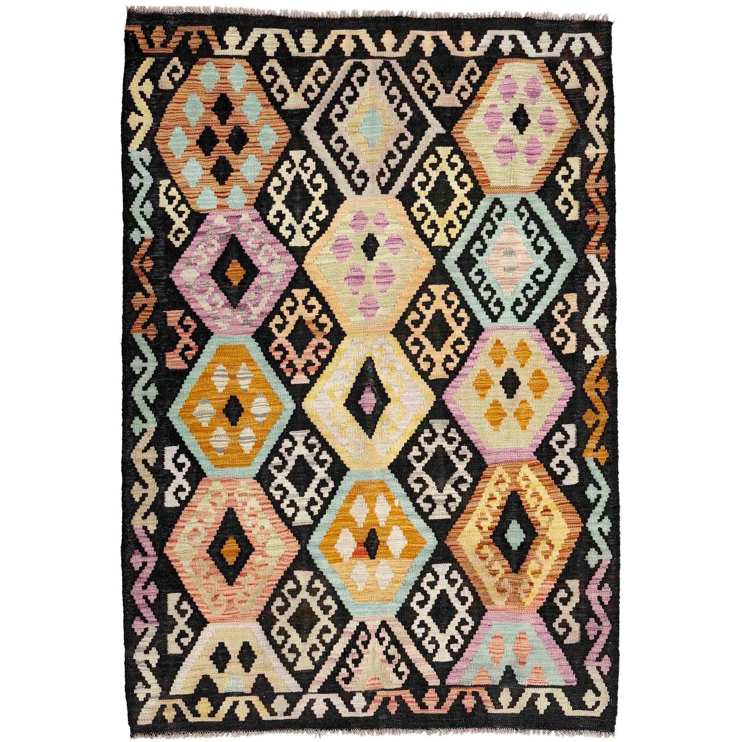 Hand-Knotted Multi Geometric Vegetable Kilim Area Rug – 4' 1" x 6' 2" ft (124 x 188 cm) | SKU: Y39116