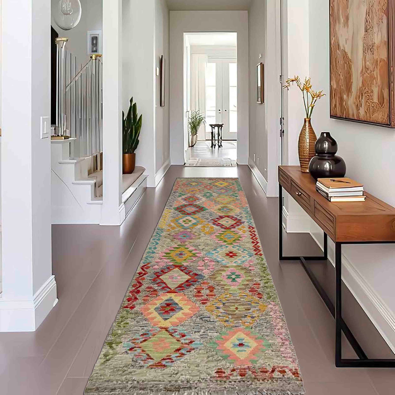Handmade Multi Kilim Geometric 10' Runner