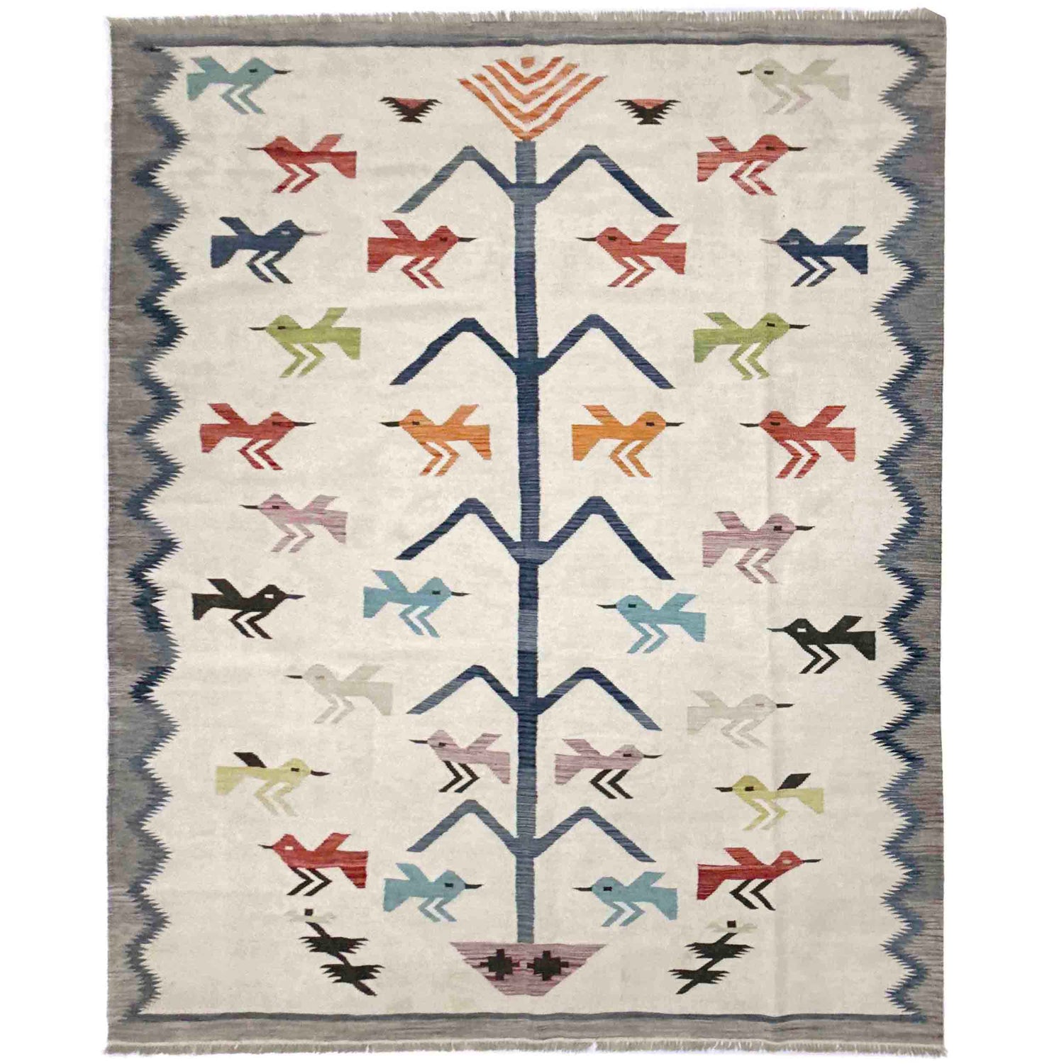 Embroidery Kilim Area Rug Handmade Beige Animal 9x12 ft
