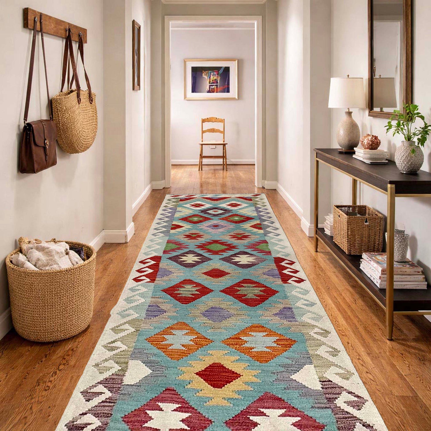 Handmade Multi Kilim Geometric 13' Runner
