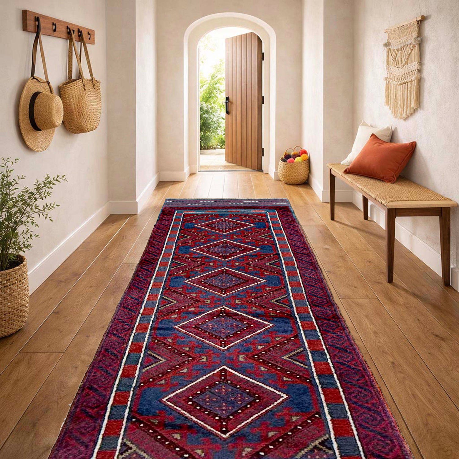 Mashwani Area Rug Runner Handmade Deep Red Geometric 8'
