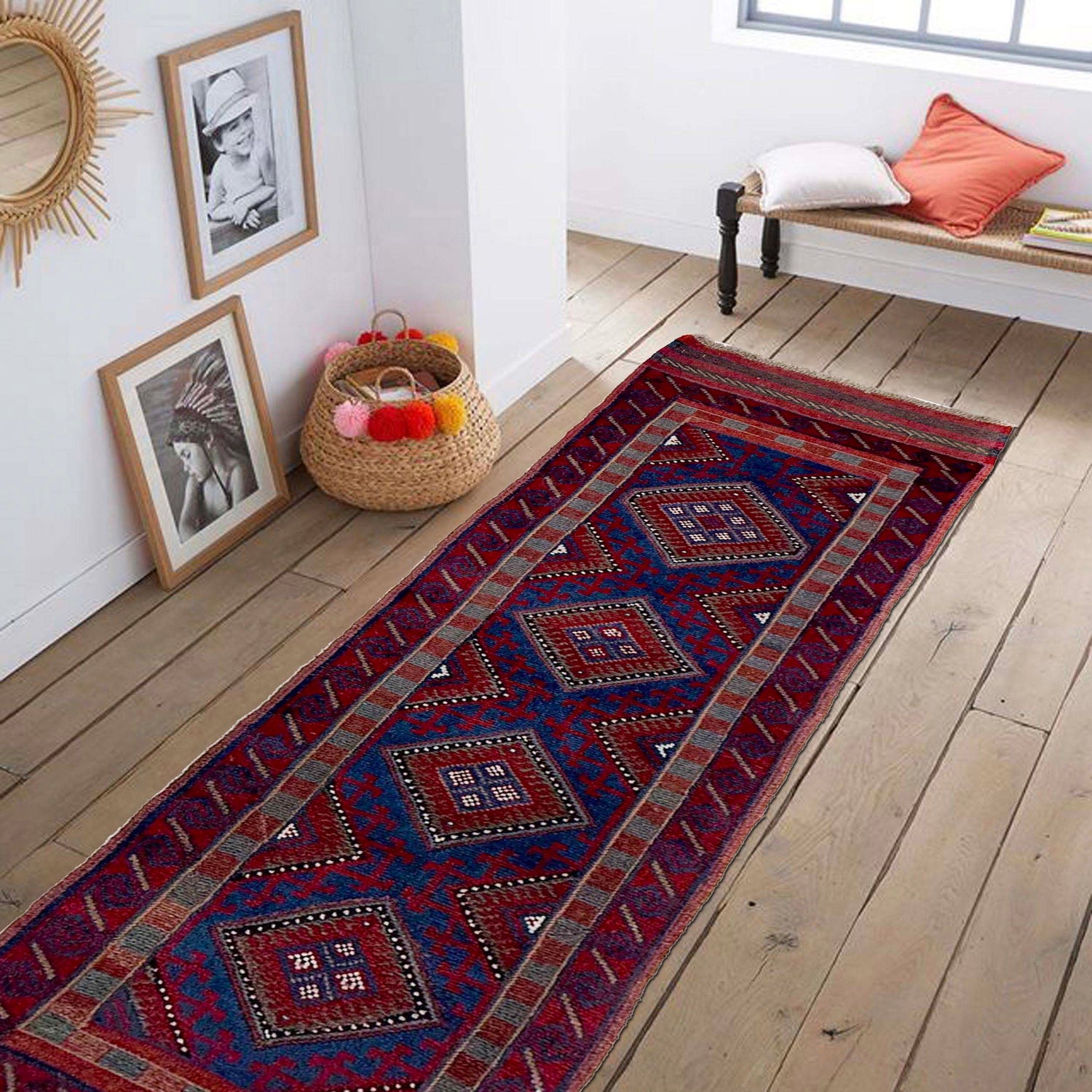 Mashwani Area Rug Runner Handmade Deep Red Geometric 8'