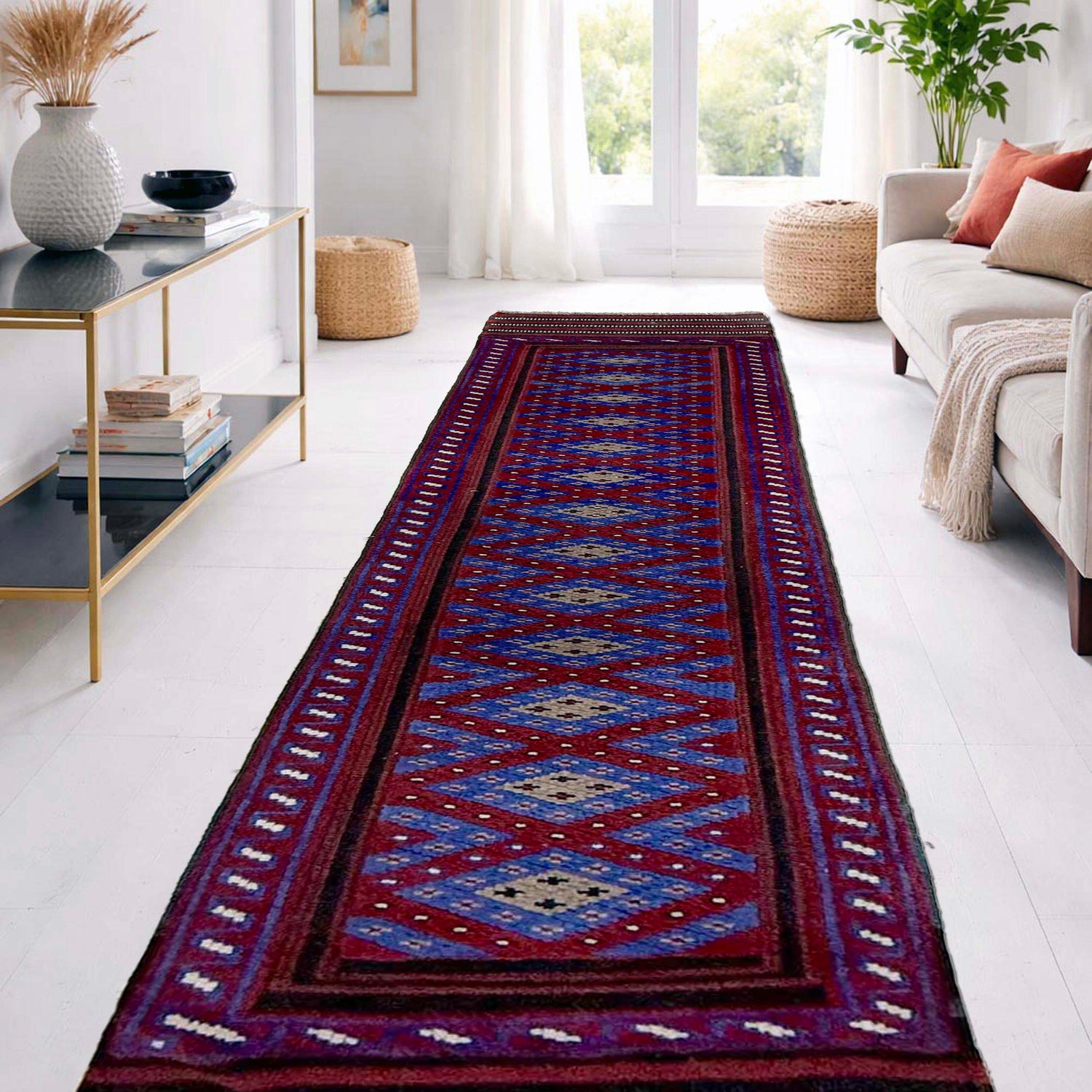 Mashwani Runner Rug Handmade Blue Geometric 8' Runner