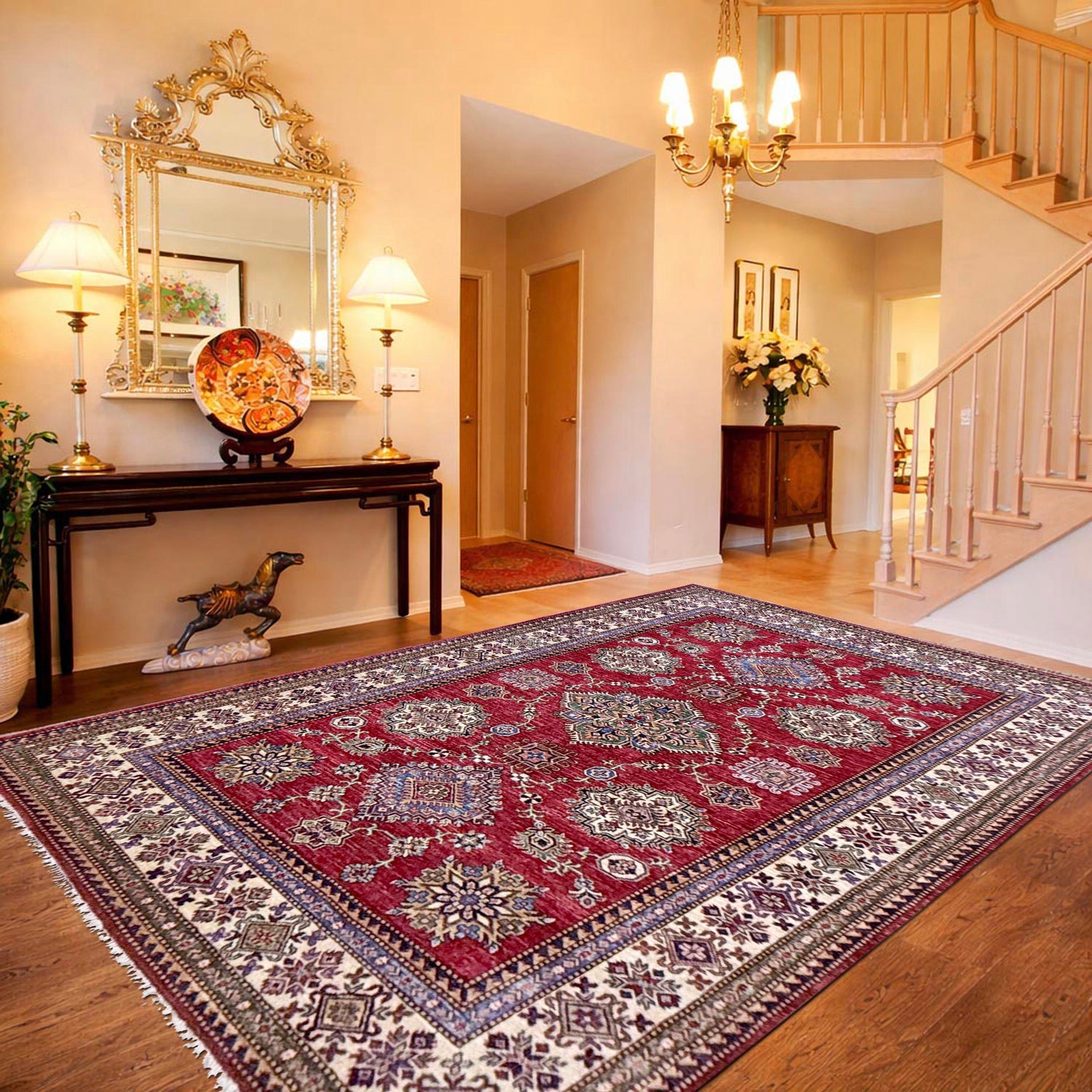 Kazak Rug Handmade Red Medallion 5x8 ft
