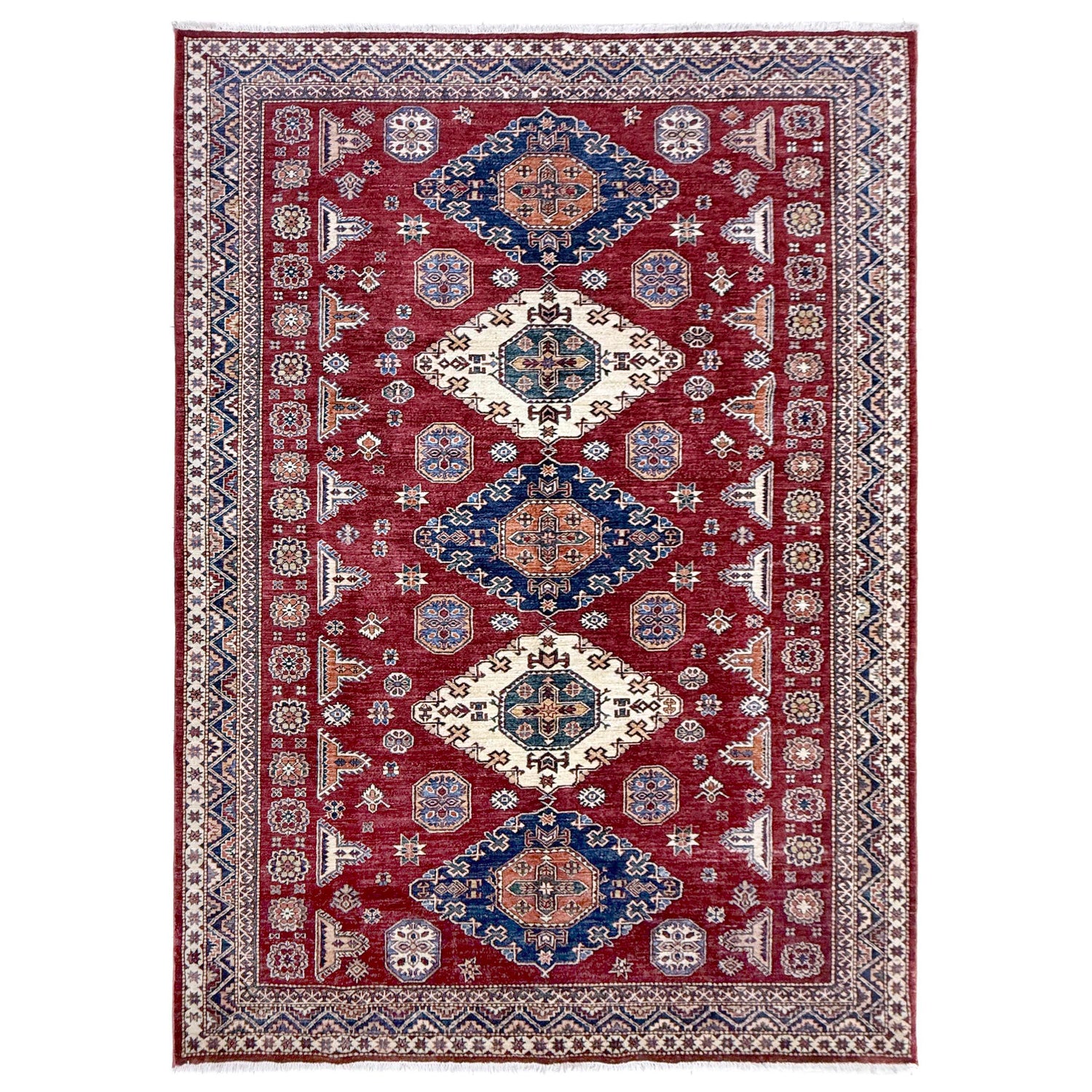 Kazak Rug Handmade Red Medallion 7x10 ft