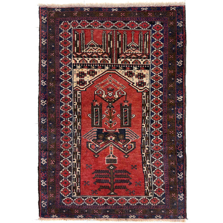 Baluchi Rug Handmade Red Prayer Design 2x4 ft