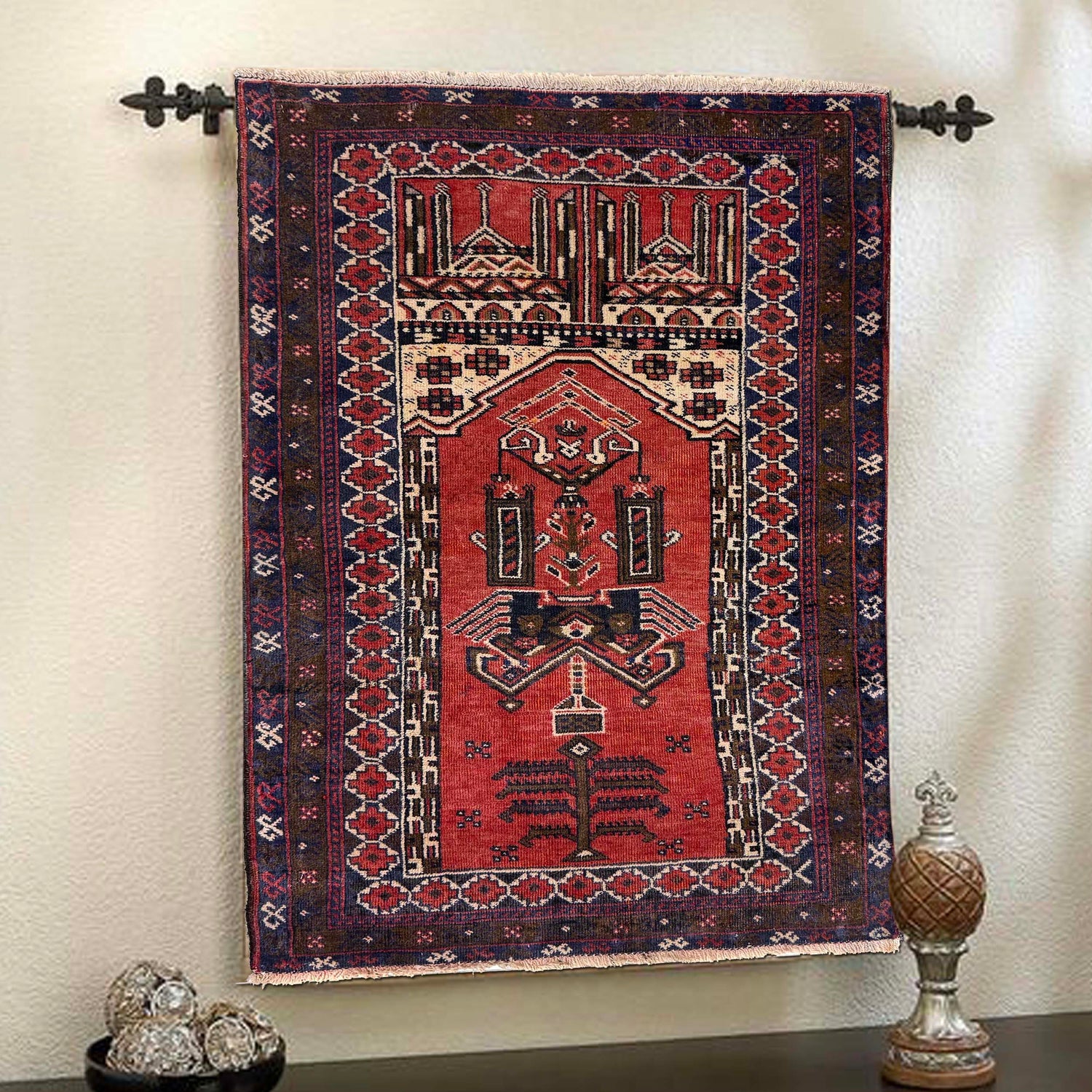 Baluchi Rug Handmade Red Prayer Design 2x4 ft
