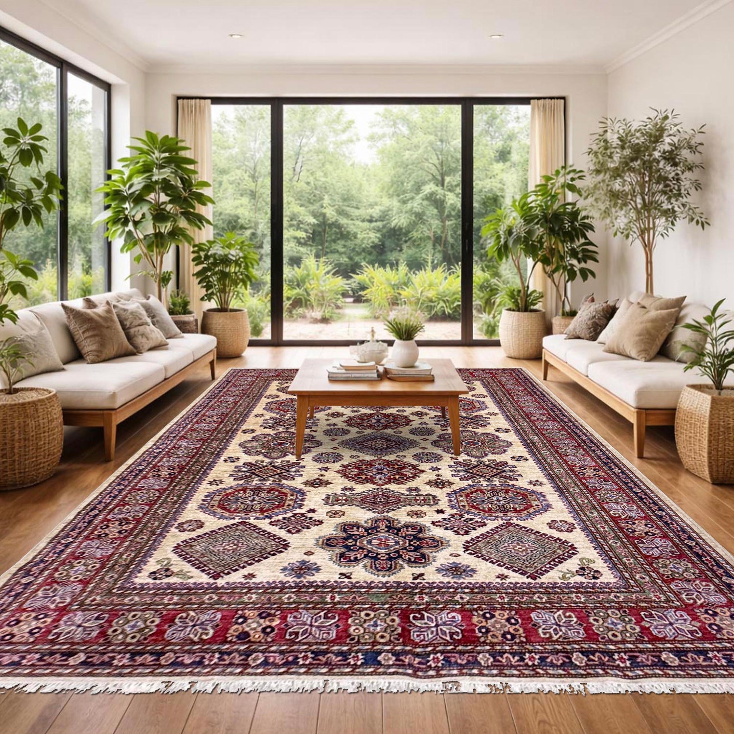 Kazak Rug Handmade Beige Medallion 5x8 ft