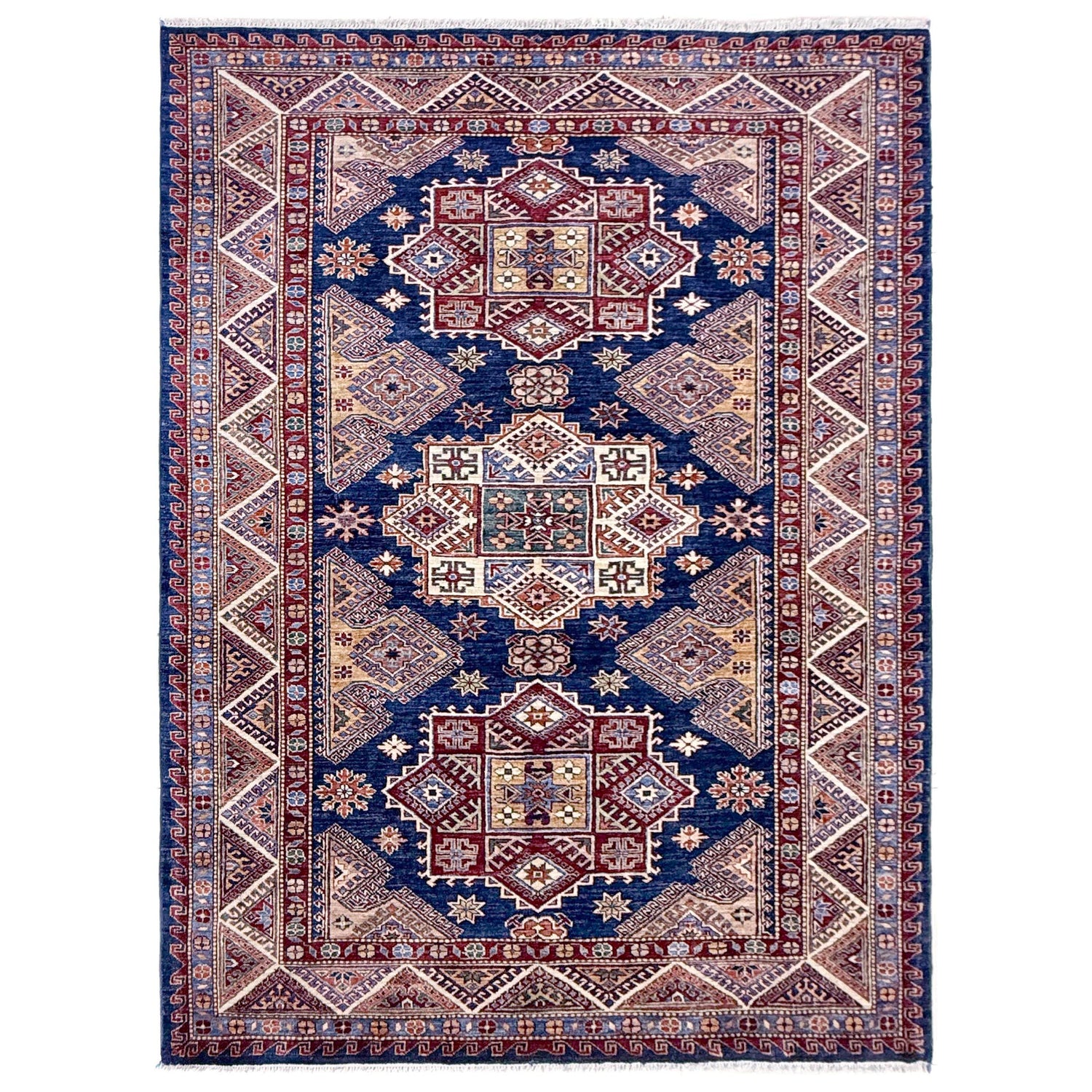 Kazak Rug Handmade Blue Medallion 5x8 ft