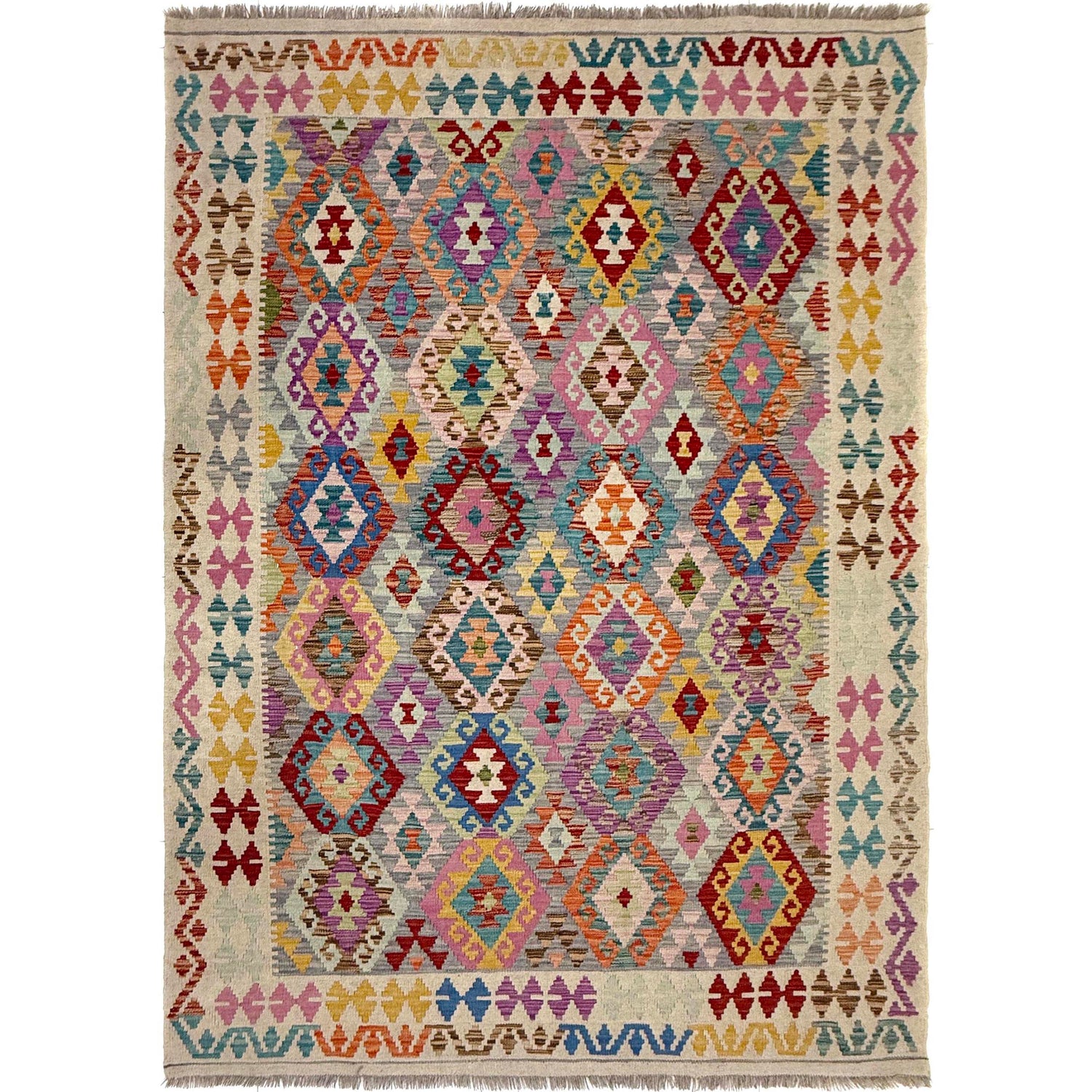 Hand-Knotted Multi Geometric Vegetable Kilim Area Rug – 6' 1" x 7' 9" ft (186 x 237 cm) | SKU: Y39662