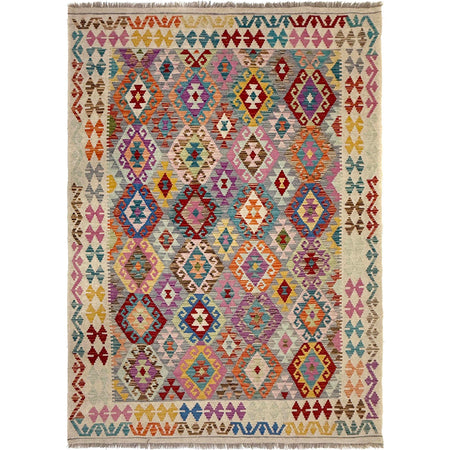 Hand-Knotted Multi Geometric Vegetable Kilim Area Rug – 6' 1" x 7' 9" ft (186 x 237 cm) | SKU: Y39662